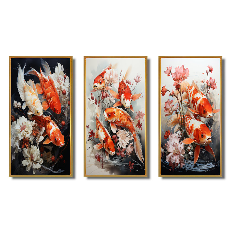 3 Piece Print Set - Fishing Contemporary Koi Fish, Gold Framed, 40" H x 60" W