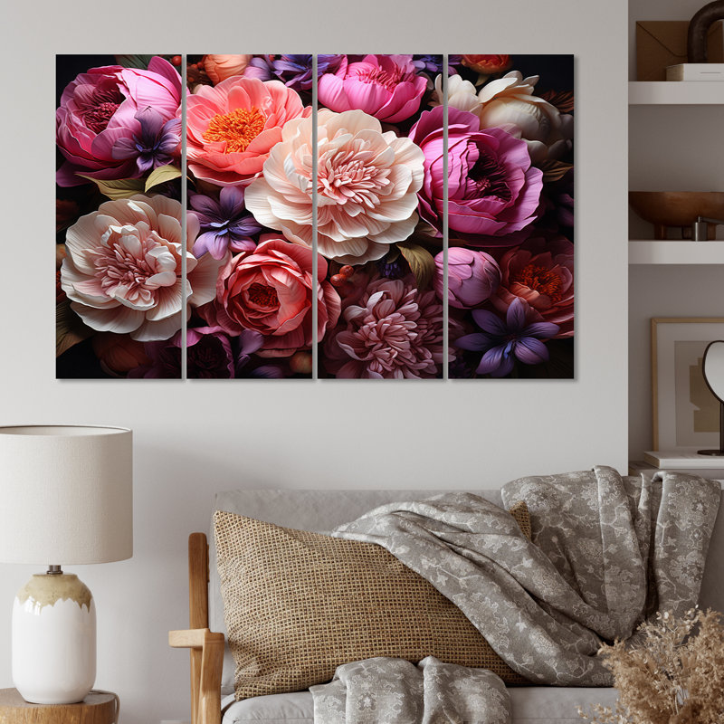 Pivoines asiatiques en rose IV - Décoration murale asiatique - 4 panneaux, Metal