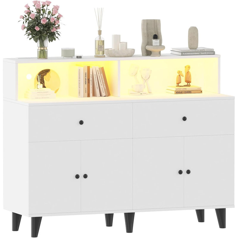 Grand rangement avec 6 tiroirs et tablettes, commode blanche moderne Mid-Century pour la salle à manger, station de café en bois pour la cuisine et le salon