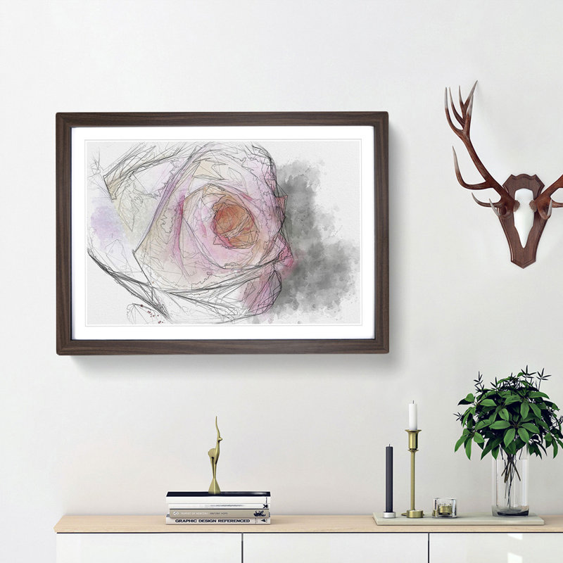 Pink Tipped Rose Sketch - Picture Frame Graphic Art Print, 40cm H x 60cm W x 2cm D, Walnut Framed