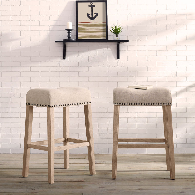Oenone Backless Bar Stools, Upholstered Saddle Seat With Nailhead Trim, Weathered Wood Legs - Set of 2, Off White, Natural