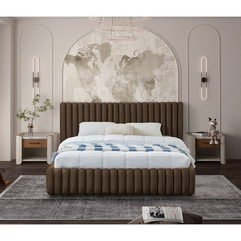 Nico Tufted Panel Bed, Queen, Brown Velvet
