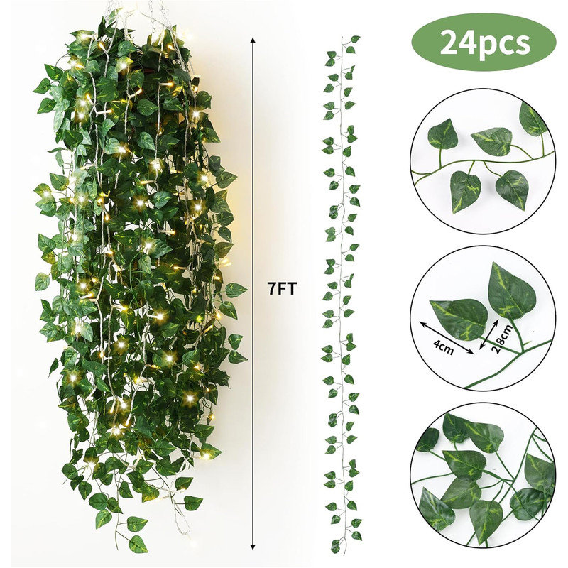 24 Pack 173ft Fake Ivy Vines, Artificial Ivy Garland with 200 LED String Lights