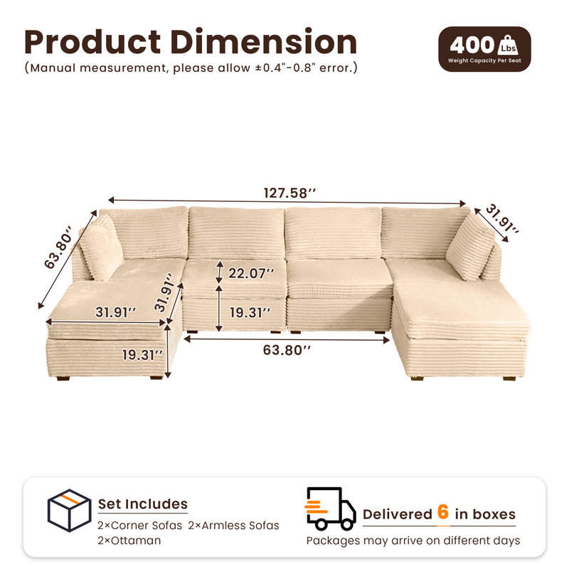 6-piece Modular U-shaped Sectional Plush Corduroy Sofa With Movable Ottoman, Comfy Deep Seat Cloud Couch, Upholstered Living Room Set