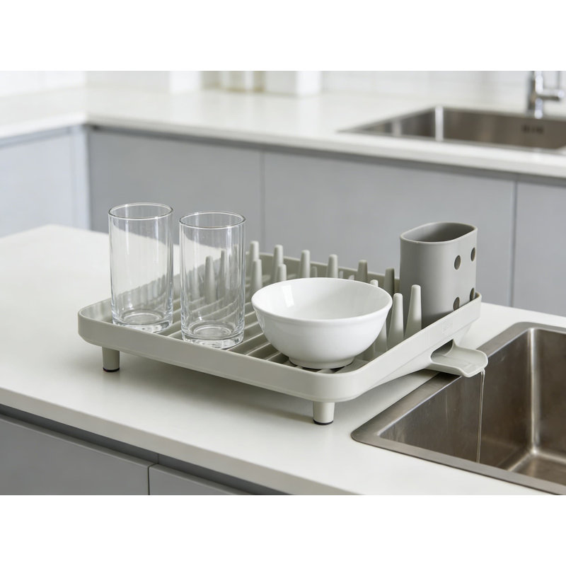 Compact Dish Rack With Utensil Holder, Efficient Drying Design With Sloped Base And Drain Spout For Space-Saving Kitchen Organization