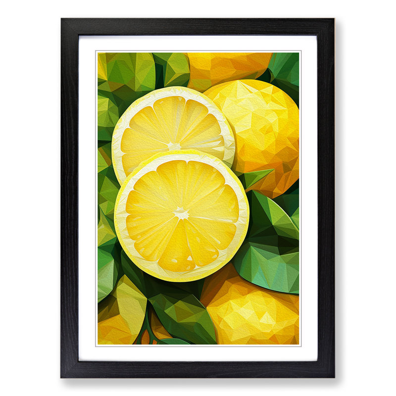 Lemon Fruit Geometric - Single Picture Frame Print on Wood, 34cm H x 25cm W x 2cm D, Black Framed