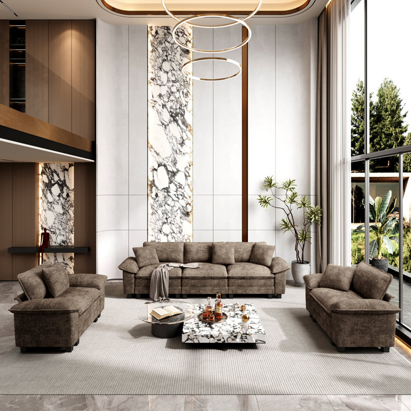 Ensemble de canapé modulaire rembourré 3 pièces, ensemble de canapé surdimensionné avec canapé et fauteuils, Chenille brun