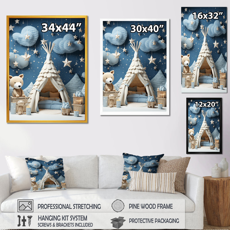 Child Nursery starry Night I - Animal Nursery, art mural, Cadre flottant brun, H 32 po x l 16 po x P 1 po