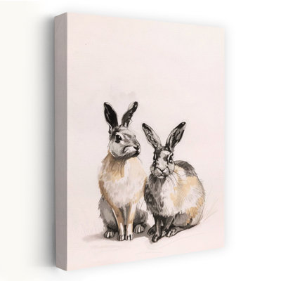 Two Woodland Hares Contemporary Rabbit Nature Portrait Wall Art Print 1 Piece Wrapped Canvas Wall Art