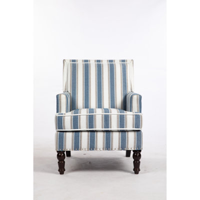 Vintage Armchair With Blue And White Striped Linen Upholstery, Nailhead Trim, For Living Room, Cozy Upholstered Design Stable Relaxing