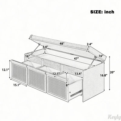 Banc de rangement rétro avec tiroirs en rotin et coussin capitonné