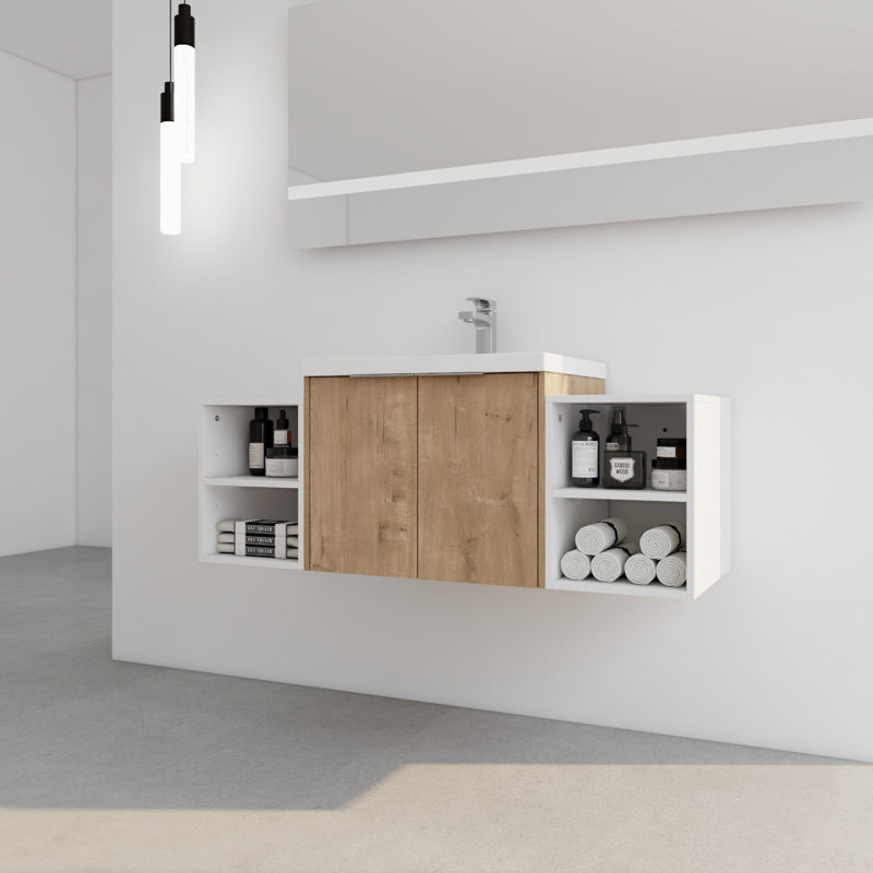 Meuble-lavabo avec lavabo et deux petites tablettes de rangement, Chêne