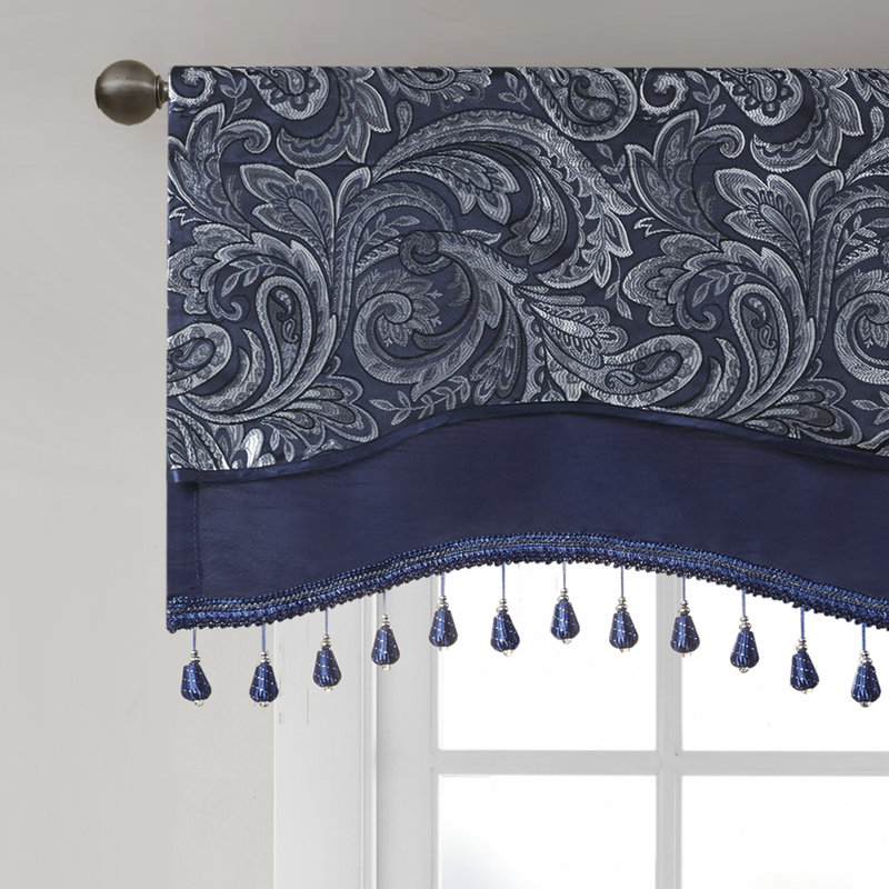 Navy Faux Silk Jacquard Beaded Window Valance