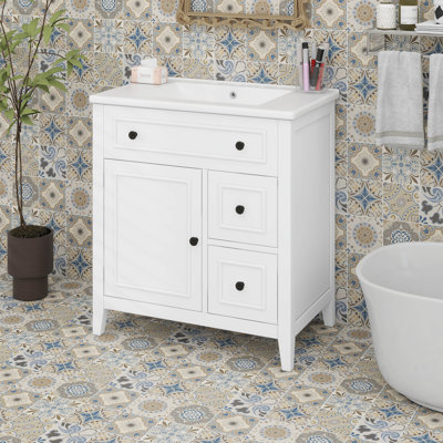 Meuble-lavabo de salle de bain avec lavabo et armoire de rangement, lavabo en céramique, 2 tiroirs et porte