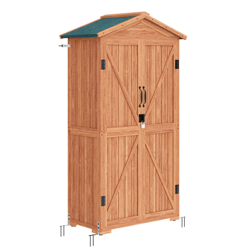 Tall Brown Fir Wood Outdoor Storage Shed with Shelves