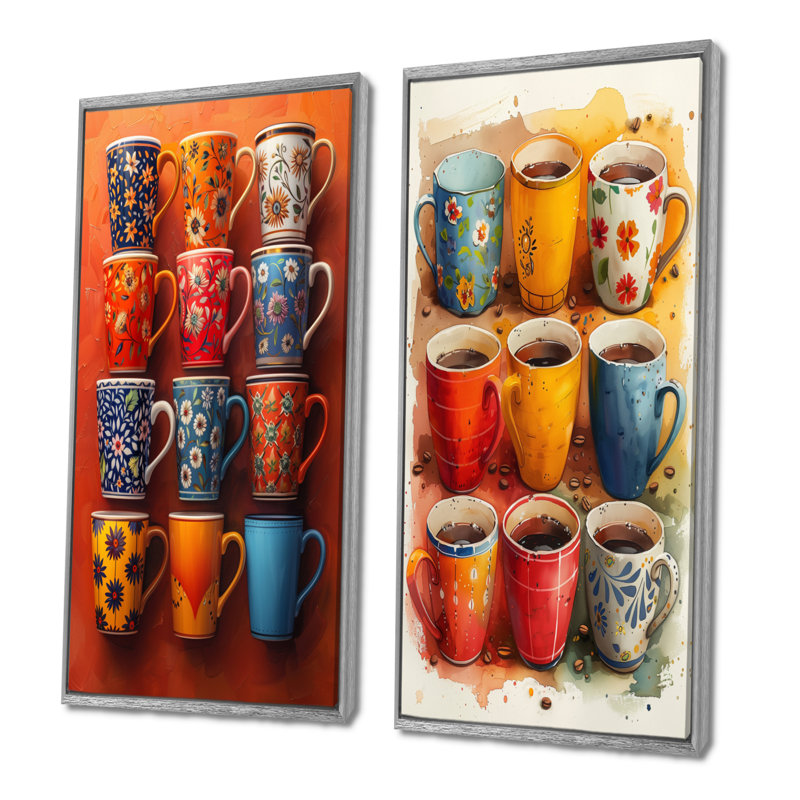 Ensemble de 2 tasses à café rouge et bleu Boho Morning, H 28 po x l 24 po, Cadre argenté flottant