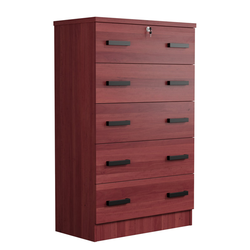 Basurto 5 Drawer Chest Wooden Dresser with Lock, Mahogany
