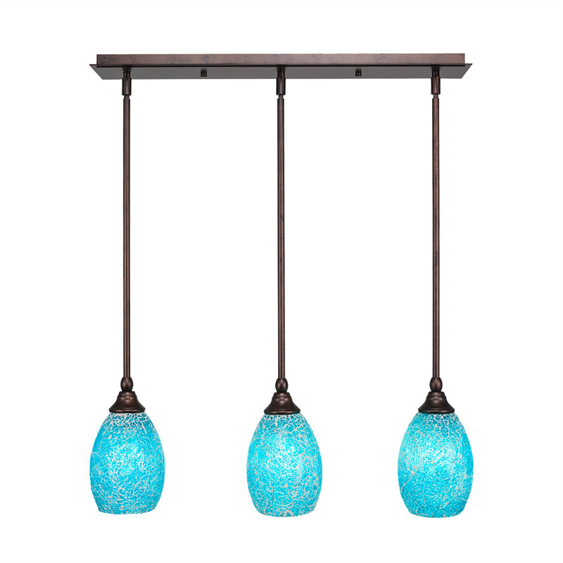 3 Light Stem Hung Linear Pendalier Shown With 5" Fusion Glass, Turquoise, Bronze