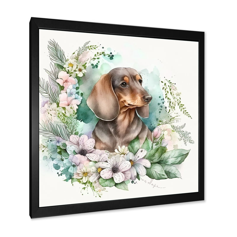 Adorable teckel à l'aquarelle avec fleurs III - reproduction sur toile, Cadre photo noir, H 16 po x l 16 po x P 1 po