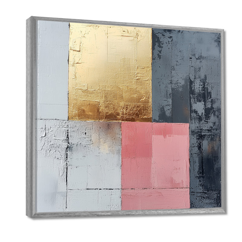 Motif géométrique abstrait géométrique doré rose et gris - forme abstraite, Impression encadrée flottante, H 36 po x l 36 po