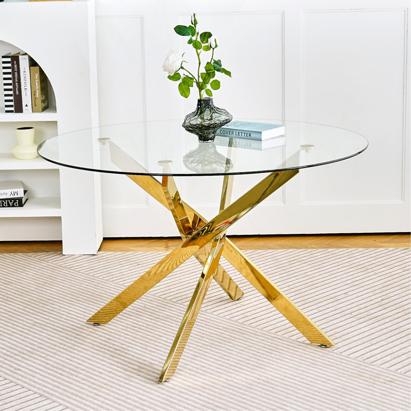 Table moderne simple en verre, matériau en métal de verre trempé de haute qualité, table d'apprentissage de bureau multifonctionnelle, pieds de table carrés plaqués or (ensemble de 1)