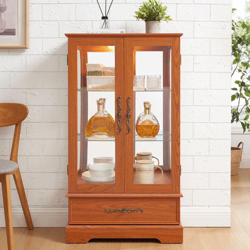 Lighted Glass Curio Cabinet With Adjustable Shelves - Elegant 2-Door Display Cabinet & Built-In Drawer, Includes Bulb - Cherry, Sideboard