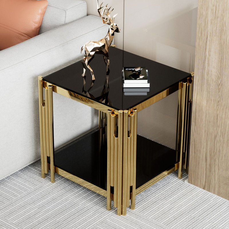 Trennedy 19.7" Wide 2-Tier Square Glass Top End Table with Storage Couch Side Table for Bedroom Living Room, Black