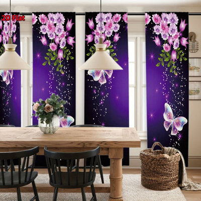 4Pcs Romantic Purple Butterfly Flower Window Curtain Panels, Adopting Pocket Pole Installation, Digital Printing, for Living Room Bedroom Dining Kitchen Office Hotel Decoration