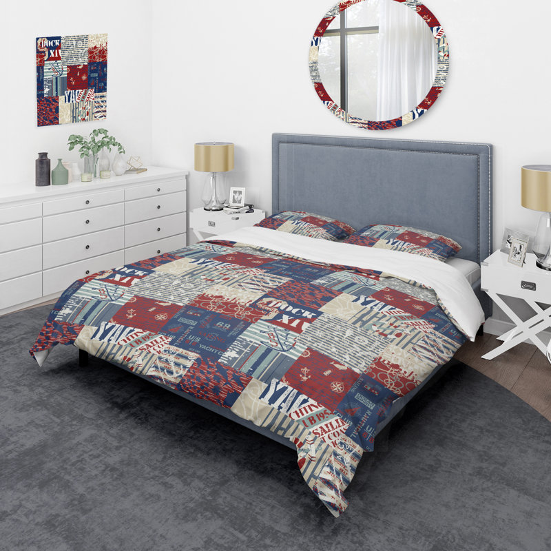 Patchwork rouge et bleu - ensemble de housse de couette abstrait - microfibre de polyester