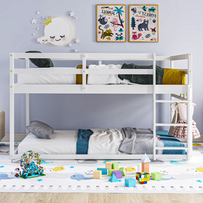 Solid Wood Versatile Twin Over Twin Floor Bunk Bed With Ladder