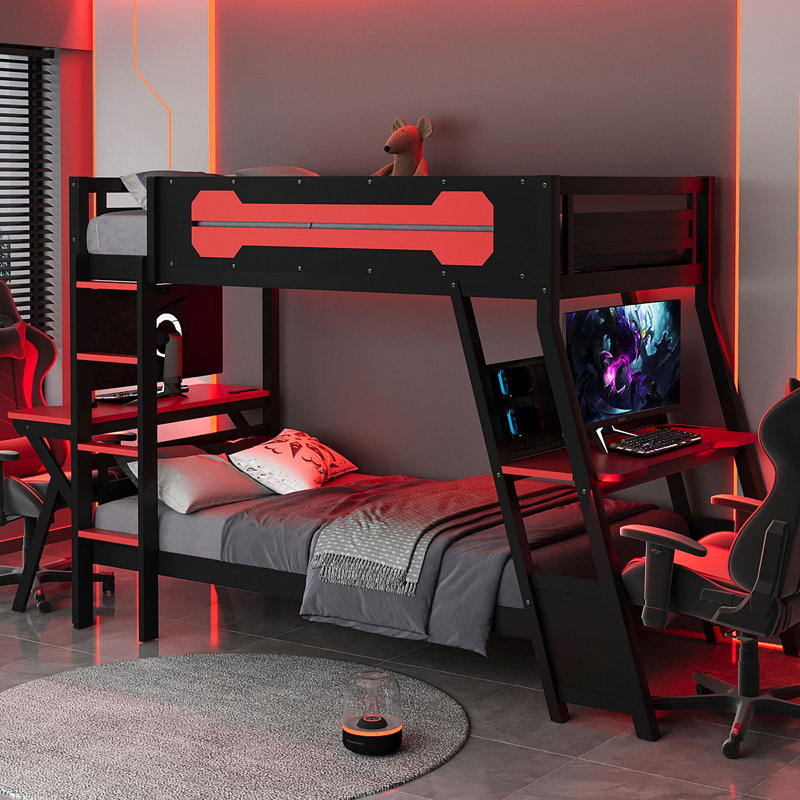 Lit superposé avec deux bureaux de jeu intégrés, ports de bureau USB et organisateur de panneau perforé, cadre de jeu pour joueur