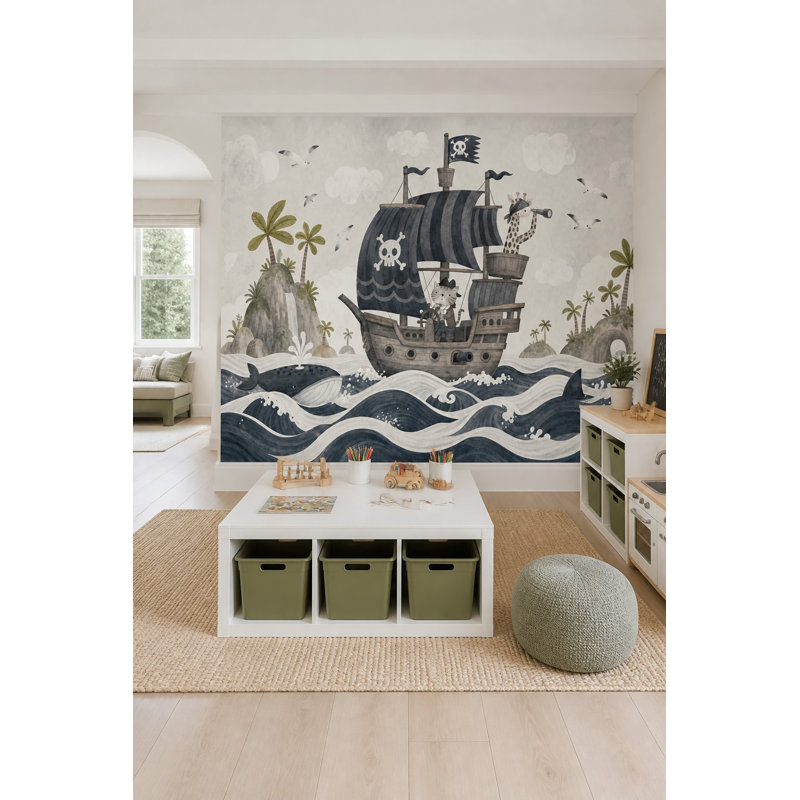 Papier peint bateau pirate, vagues océaniques, îles tropicales, 160"x108", Peel and Stick