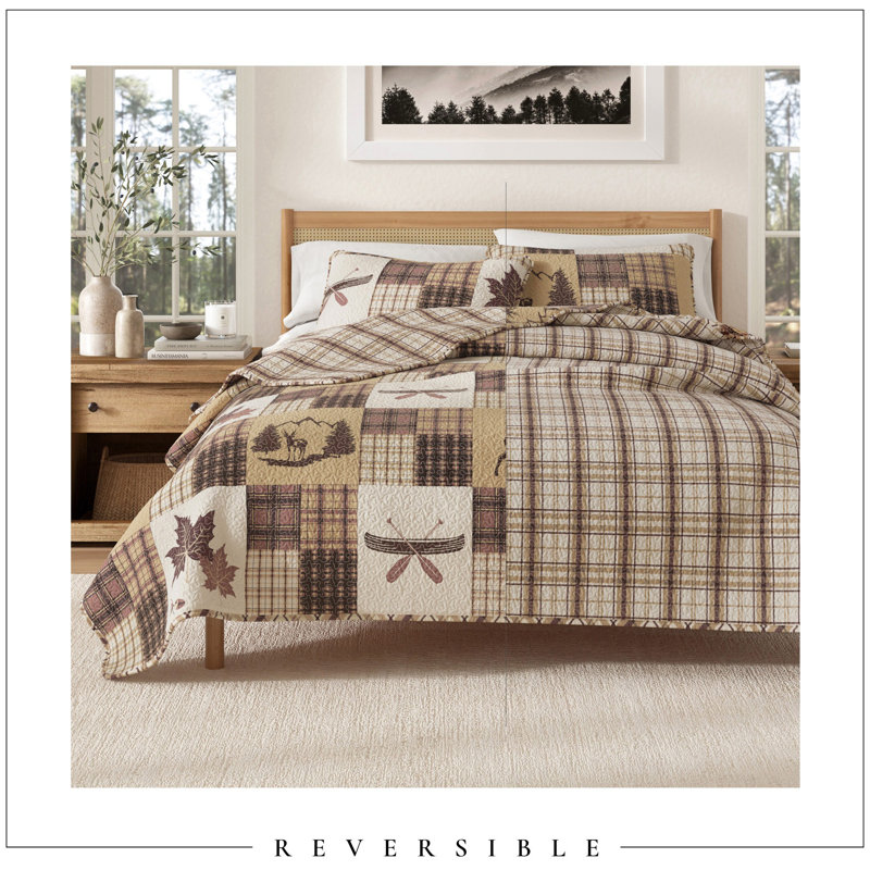 Nature / Lodge Inspired Patchwork Quilt Set with Shams, Full/Queen Quilt + 2 Shams