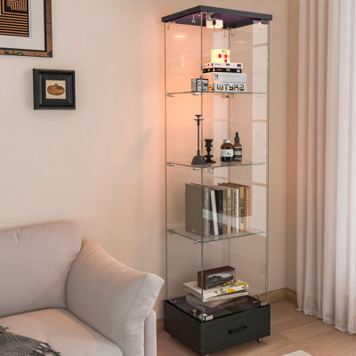 Antique - Look Quick To Build Black Tempered Glass Display Case With Led Lights, 4 Shelf 1 Door For Dining And Bedroom Areas Installation Bookshelf 13 Colour Home