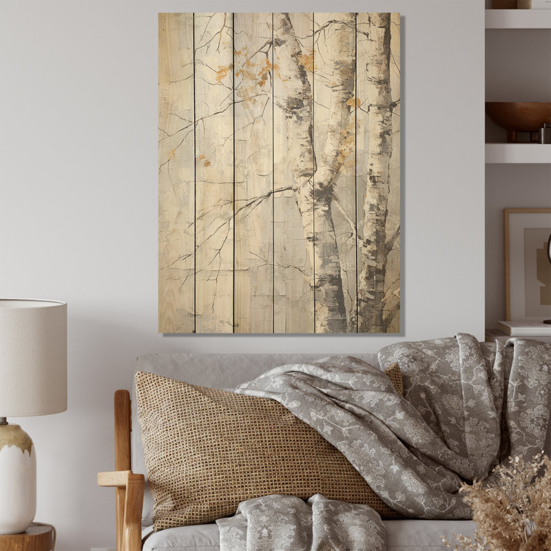 Gris et or sycomores ombre d'arbre I - arbre sycomore, art mural sur bois de pin naturel, H 20 po x l 10 po