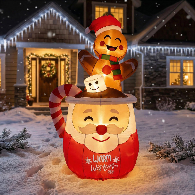 6FT Christmas Inflatable Gingerbread Man in Coffee Mug - LED Lights - Waterproof Outdoor Blow Up Yard Decor for Lawn Garden Patio - Plug: UK Standard