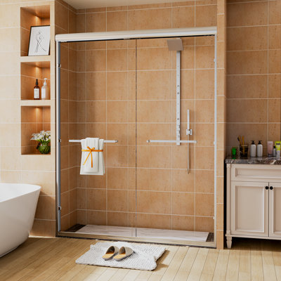 56" - 60" W x 74" H Double Sliding Shower Door with 1/4" (6mm) Clear Tempered Glass Explosion-Proof，Aluminum Frame and Stainless Steel Door Handle,  Chrome