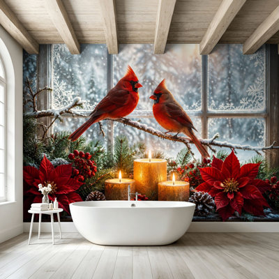 Peel and Stick Wallpaper Wall Mural Red Cardinals Frosted Winter Window Candles Christmas Poinsettia Wall Art Self Adhesive and Removable