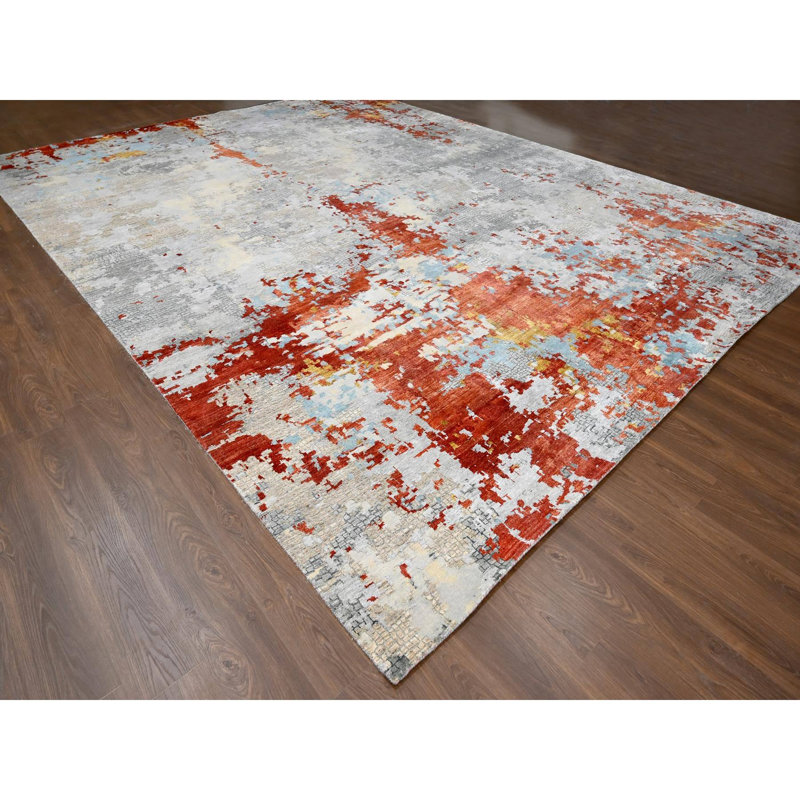 Tapis gris nouvel âge en soie 13 pi 9 po x 17 pi 9 po Tremarion