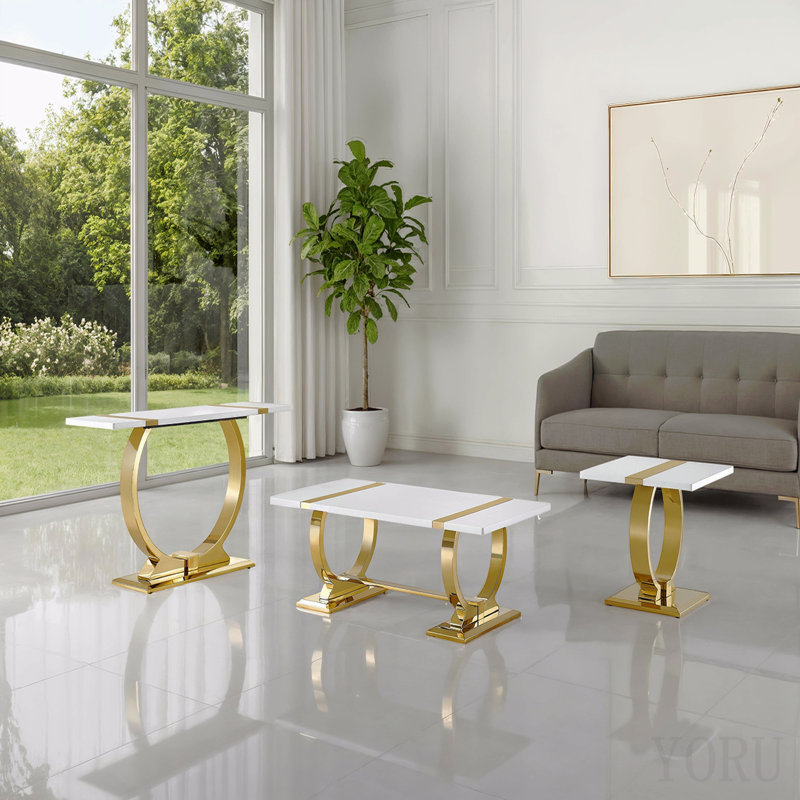 Mobilier de salon contemporain 1pc, H 29,5 po x l 50 po x P 16 po, Or, blanc / or