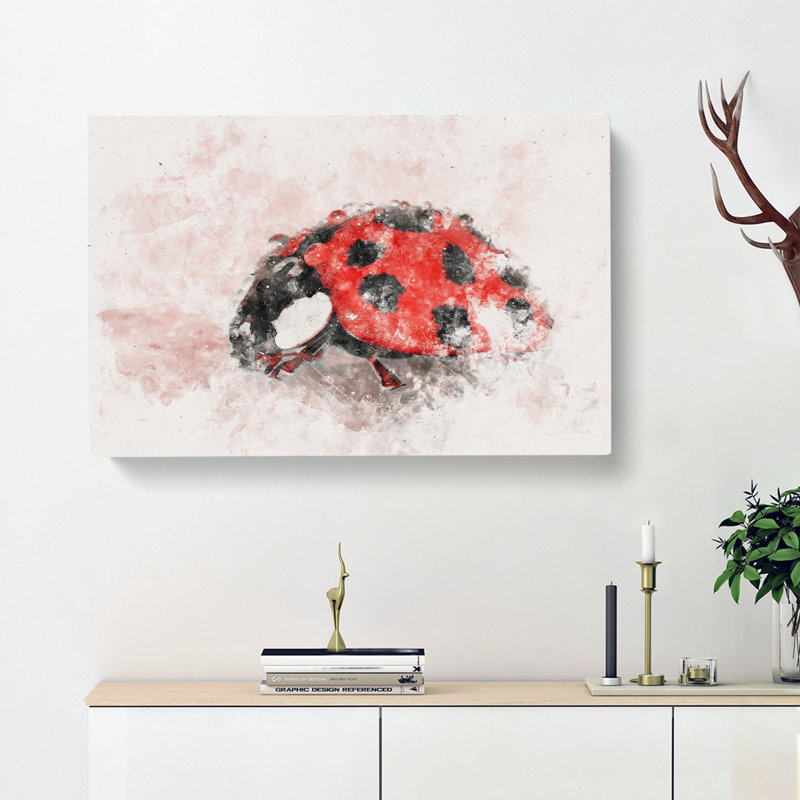 Red Ladybird Insect On A Pink Petal Watercolour - Wrapped Canvas Print, 50cm H x 76cm W x 3cm D