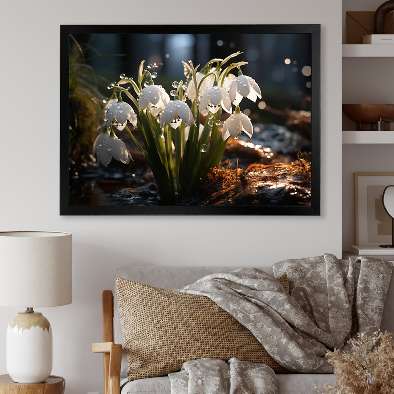 White Snowdrops Field II - Floral Wall Art Living Room, H 34 po x l 44 po x P 1,5 po, Cadre photo noir