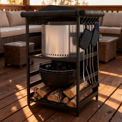 Stove Storage Station With Waterproof Cover - Fire Pit Tool Organizer And Firewood Rack For Bonfire 2.0, Yukon, Ranger Models - Adjustable Shelf Outdoor Storage Unit