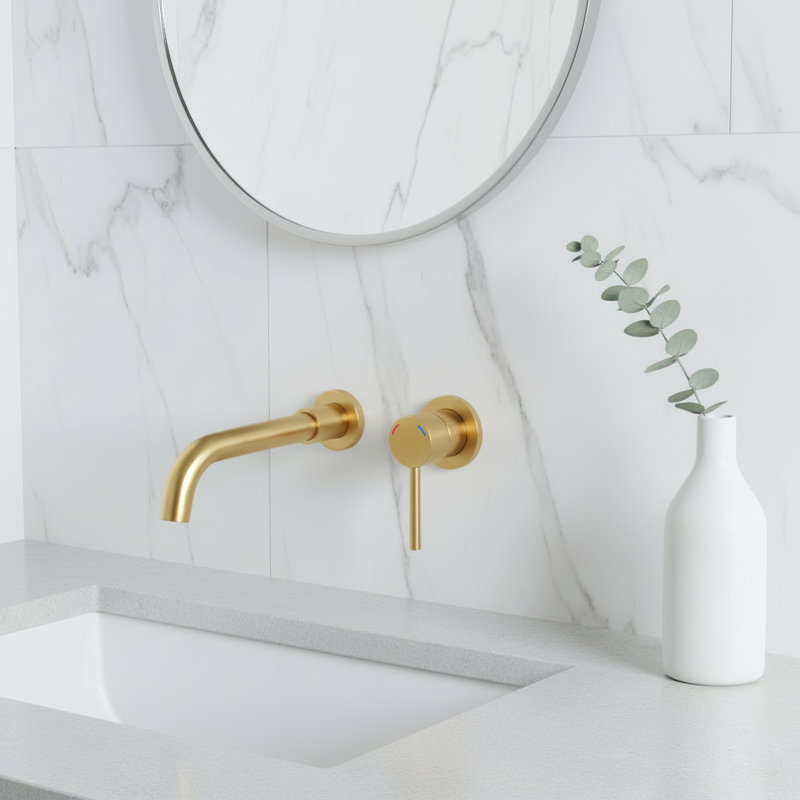 Wall Mounted Bathroom Faucet, Single Handle Brass Vessel Sink Mixer Tap With Rough-In Valve Included, 360° Swivel Spout In Brushed Gold