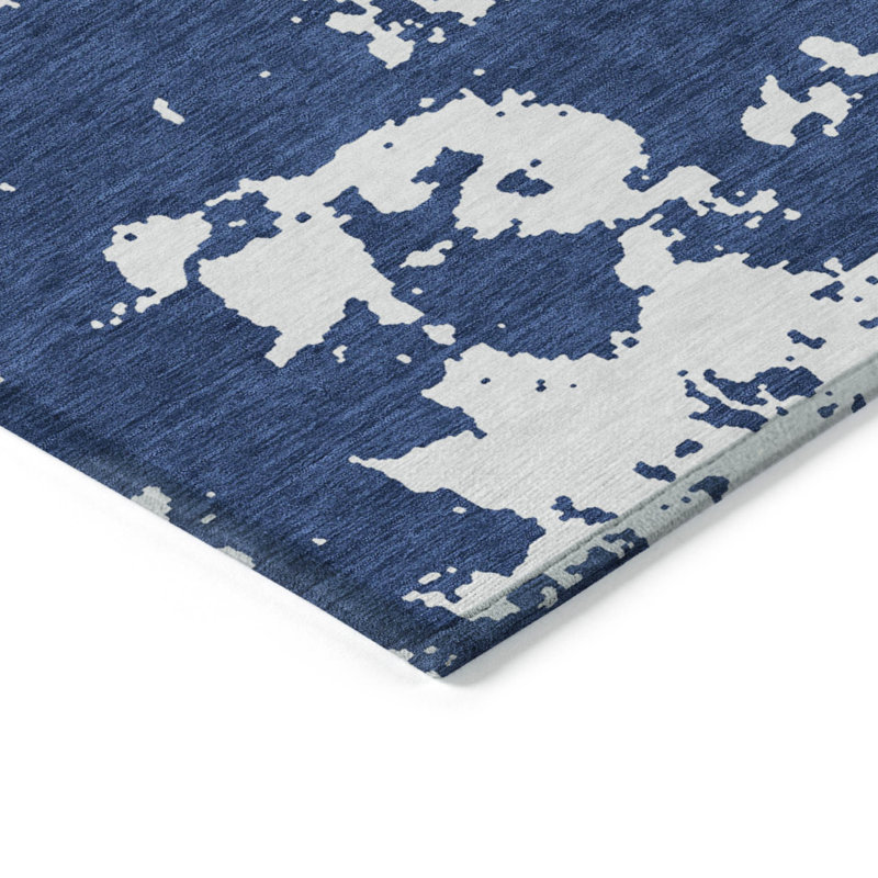 Tapis d'extérieur lavable abstrait bleu marine et ivoire 10 pi x 14 pi