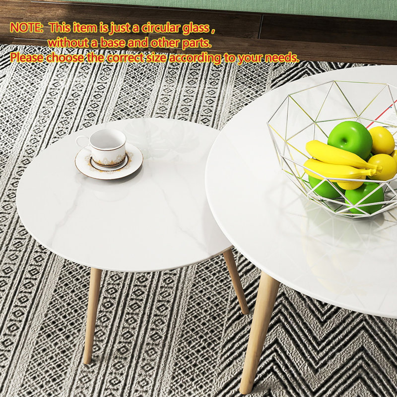 Plateau de table rond en verre trempé de 30 po avec motif en marbre blanc imprimé, rebord poli rond épais de 0,315 po (8 mm)