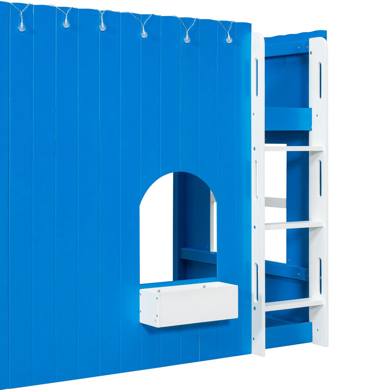 Lit mezzanine simple pour enfants avec guirlande lumineuse à DEL, bleu Klein