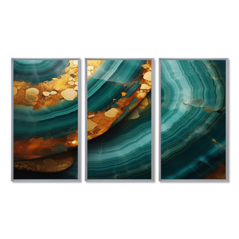 Agate Indigo Gold Waves - ensemble d'impression d'art mural en marbre, Encadrement argenté, H 40 po x l 60 po x P 1 po