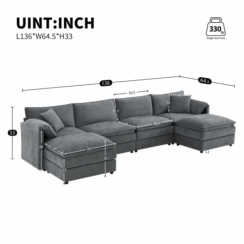 136" Chenille Modular Sectional Sofa with Deep and Wide Seat, Dark Gray