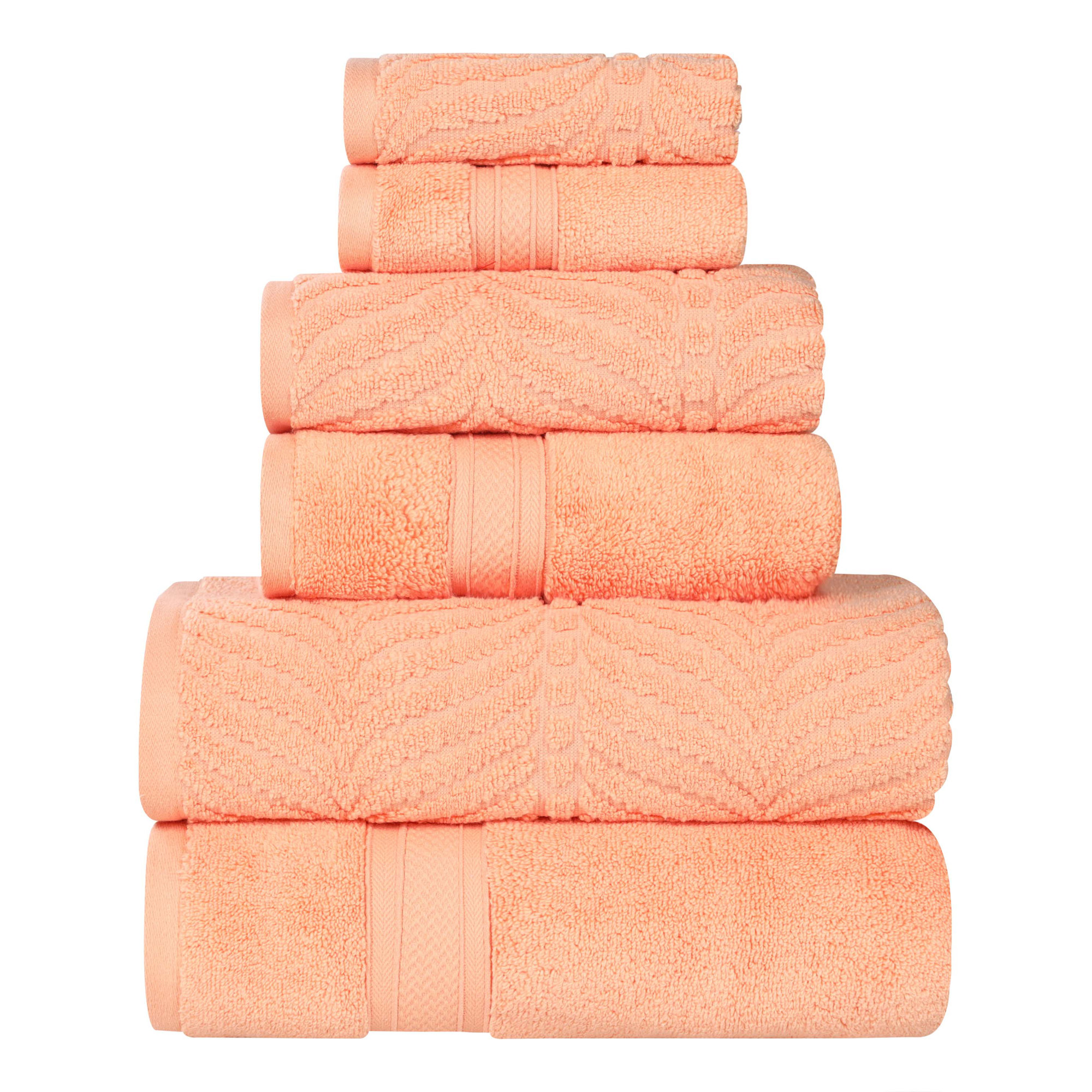Amaretto Chevron Zero Twist Solid and Jacquard Cotton 6 Piece Bathroom Towel Set, Peach